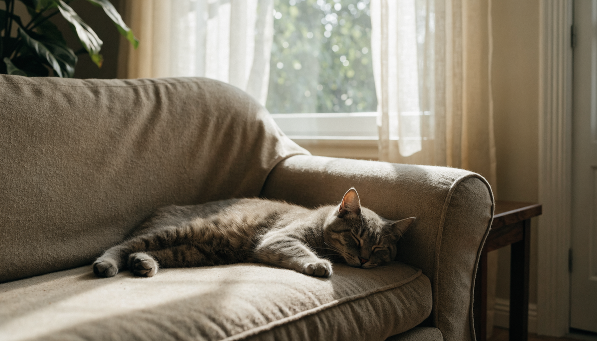 Chat installé sur un canapé recouvert d'une housse en tissu serré