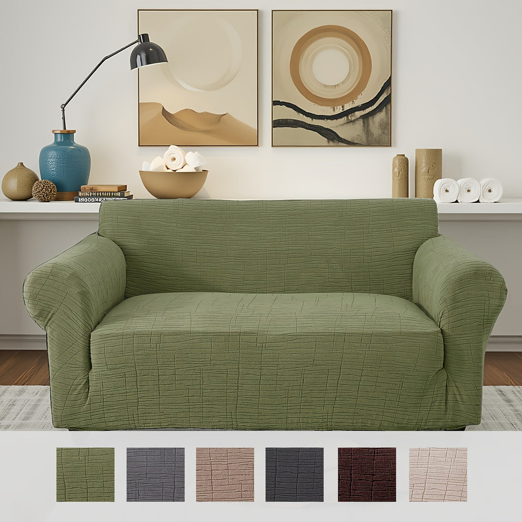 Housse de canapé épaisse extensible en polaire jacquard à rayures, vue d'ensemble