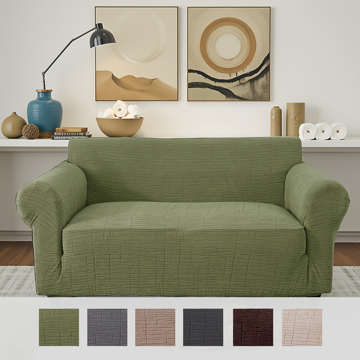 Housse de canapé épaisse extensible en polaire jacquard à rayures, vue d'ensemble