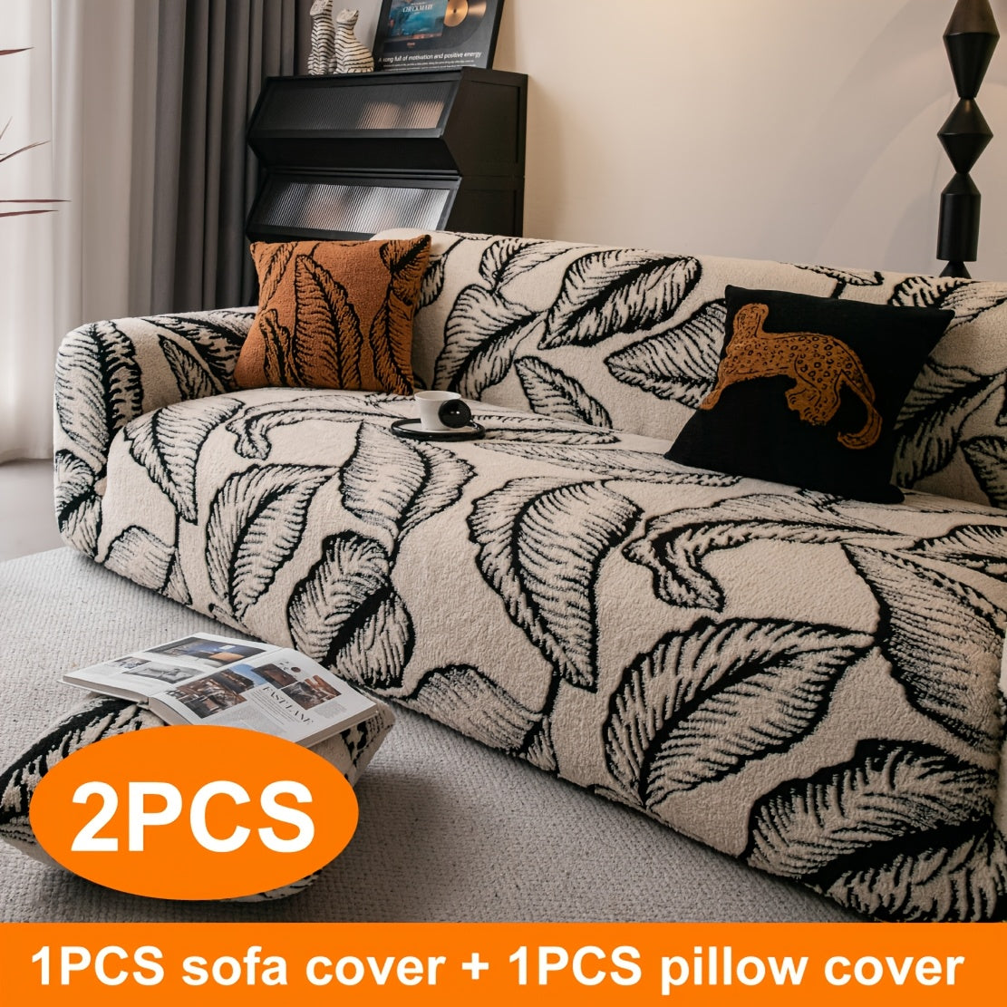 Housse de canapé extensible en velours jacquard à motif feuillage, vue de dos