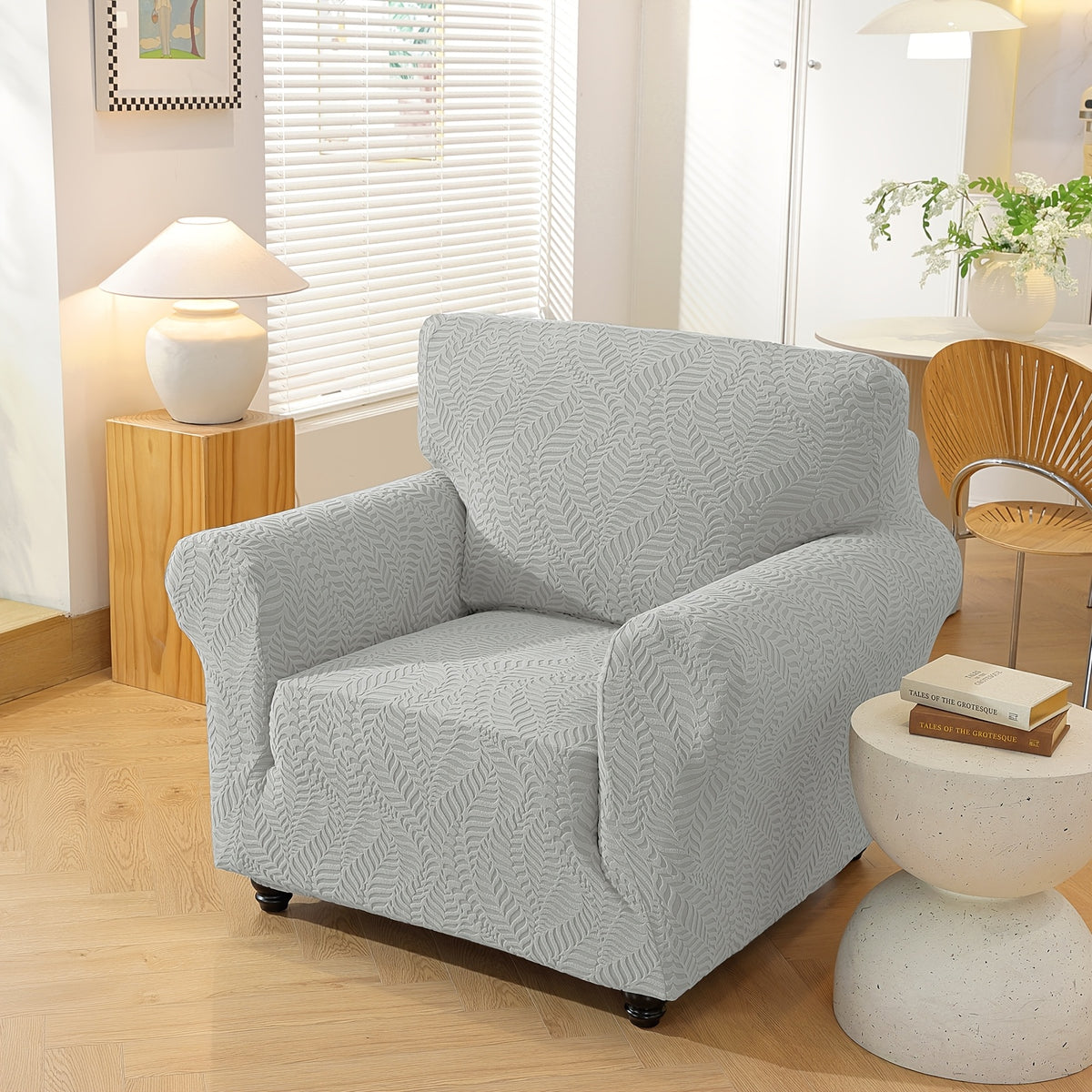 Housse de canapé extensible en polaire jacquard à rayures, mise en situation