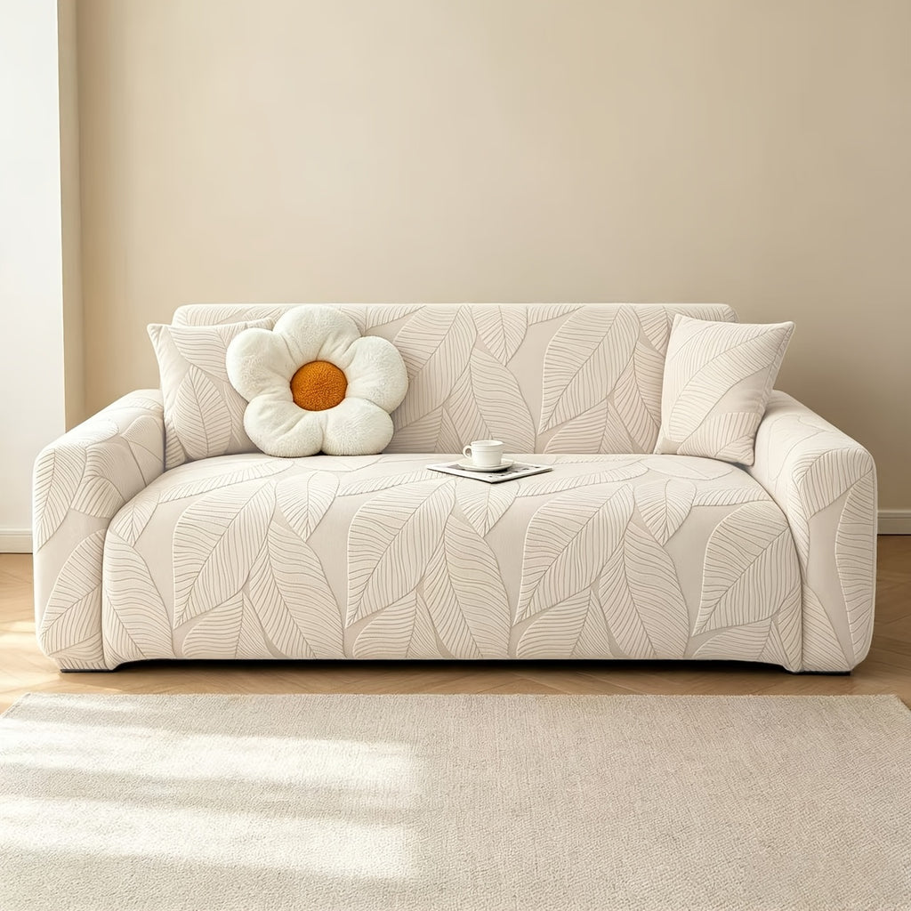 Housse de canapé extensible en polaire jacquard à motif feuillage, gros plan sur le tissu