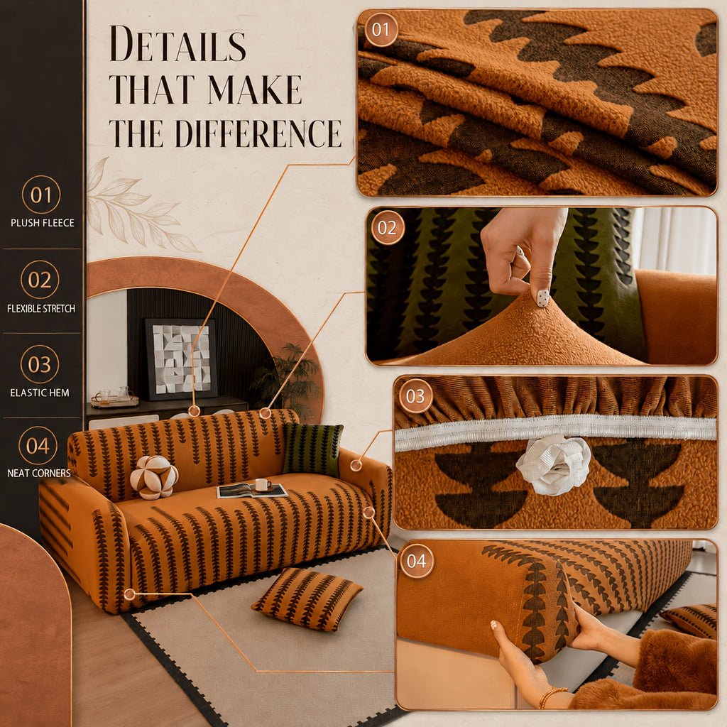 Housse de canapé en polaire jacquard d'esprit bohème, gros plan sur le tissu