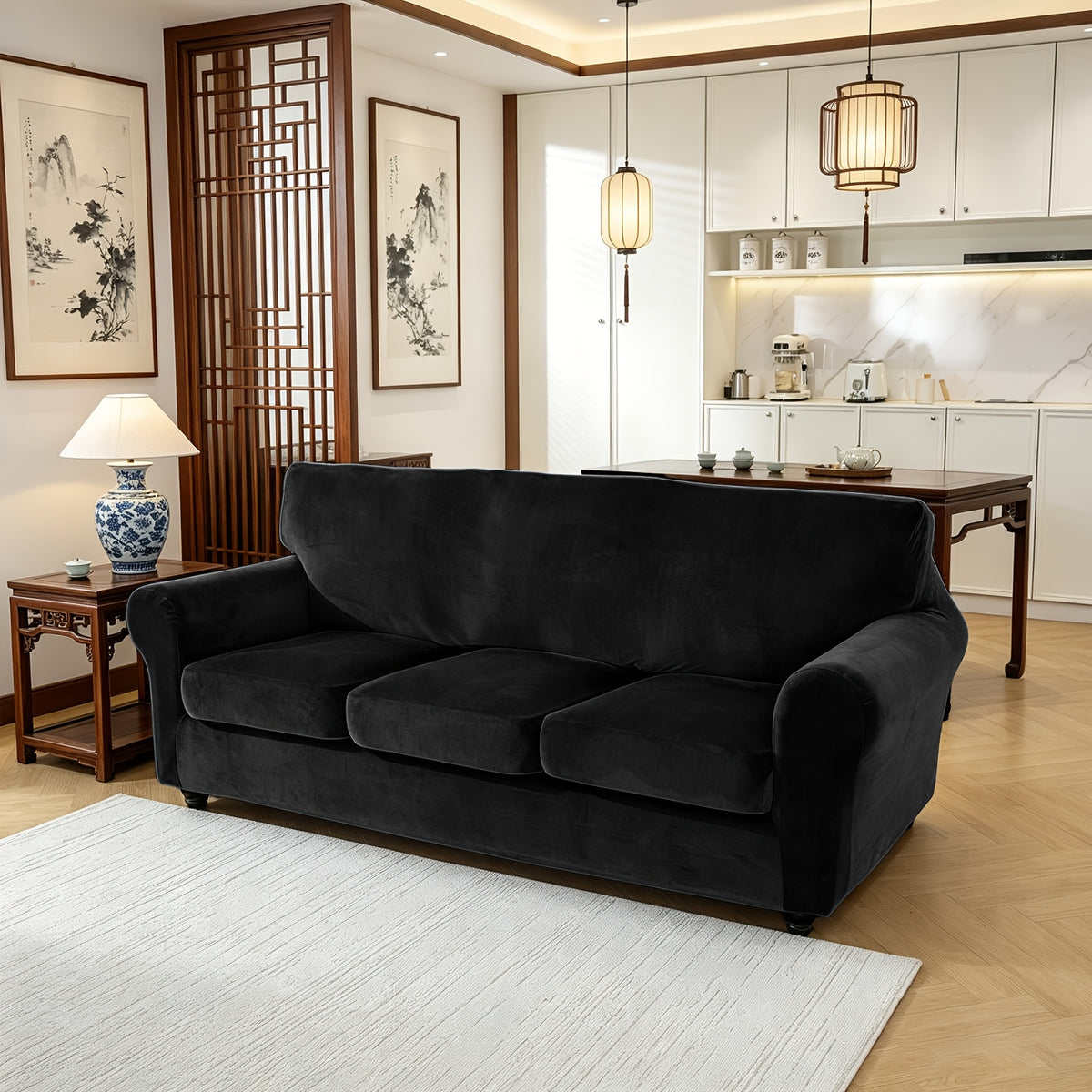 Housse de canapé extensible en velours à rayures, détail de la finition