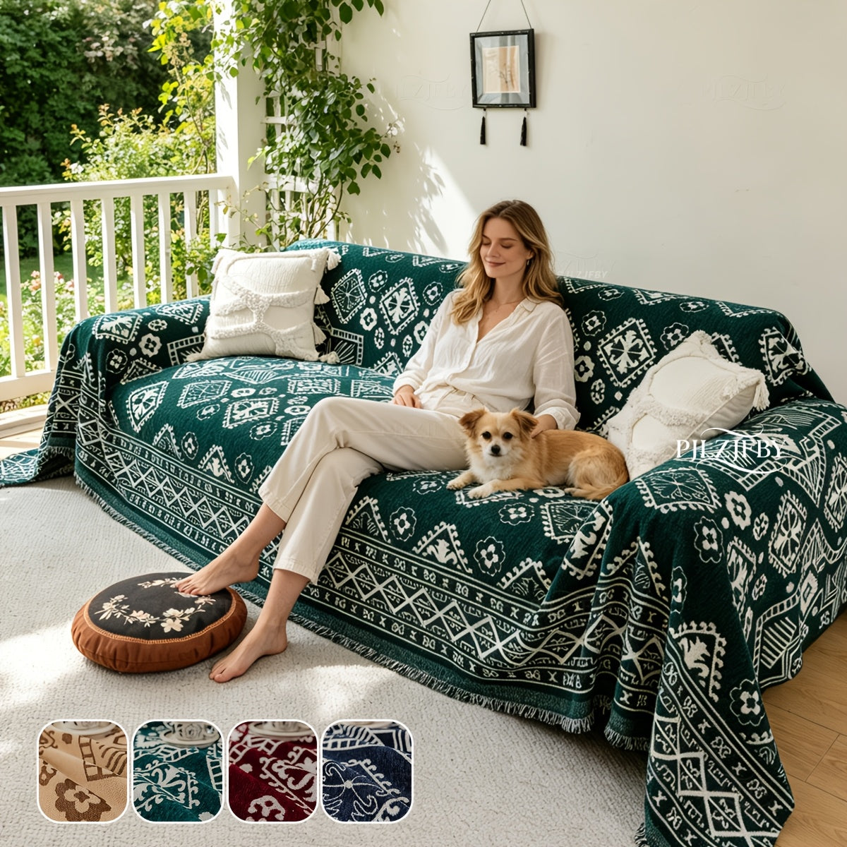 Housse de canapé en chenille en fils teints à motif bohème Image