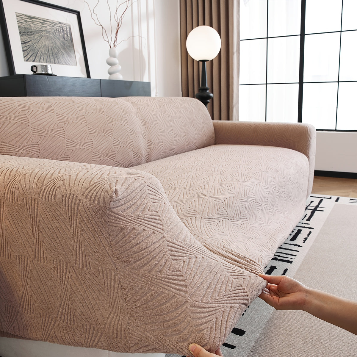 Housse de canapé extensible en polaire jacquard à rayures antidérapante Image