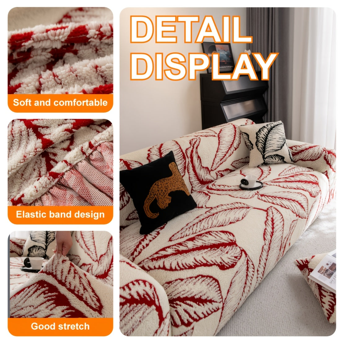 Housse de canapé extensible en velours jacquard à motif feuillage, housse posée