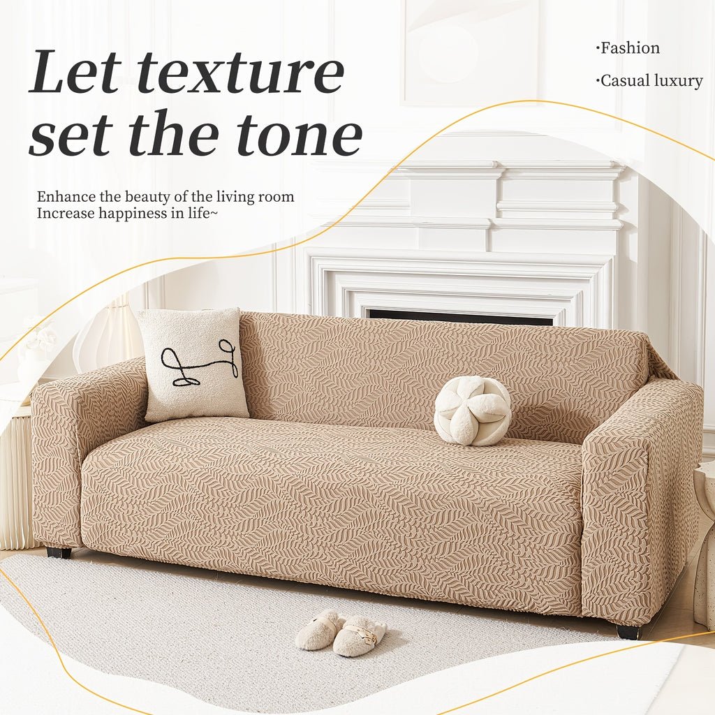 Housse de canapé extensible en polaire jacquard à motif feuillage — détail de la matière : polaire