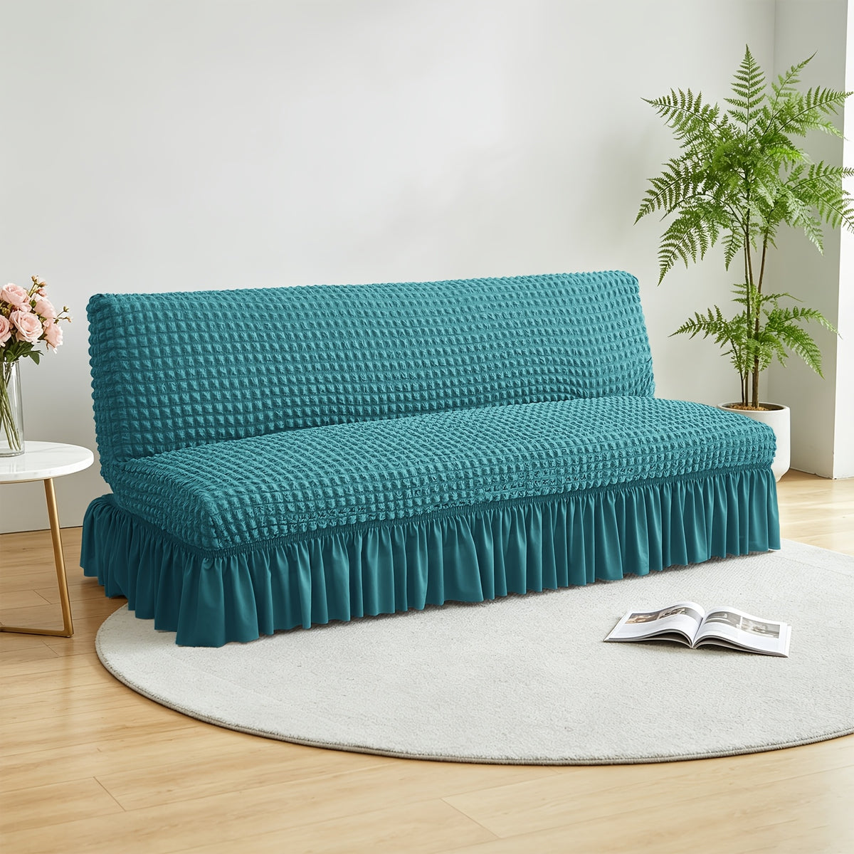 Housse de canapé extensible en jacquard à volants, gros plan sur le tissu