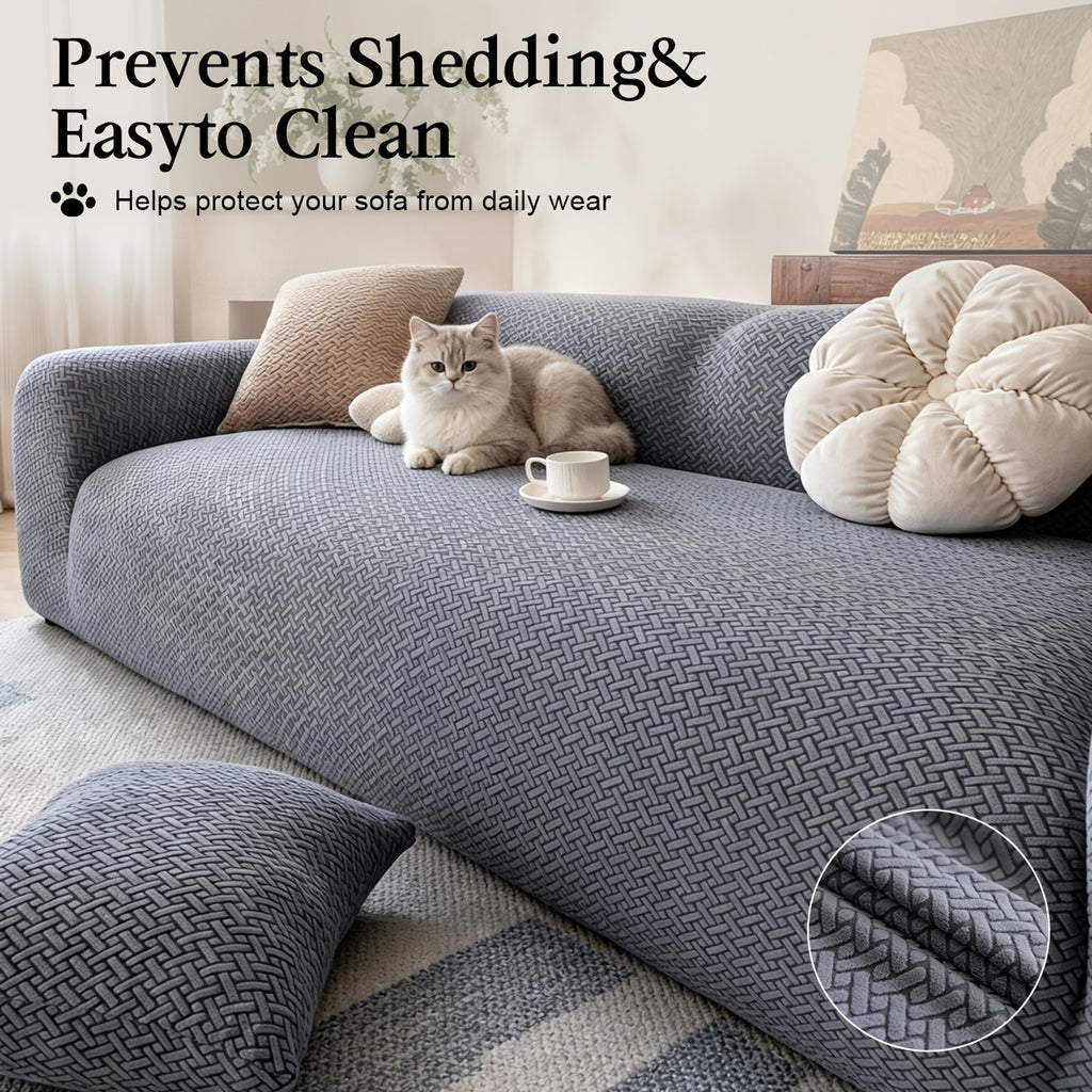 Housse de canapé extensible en polaire jacquard à carreaux, détail de la finition