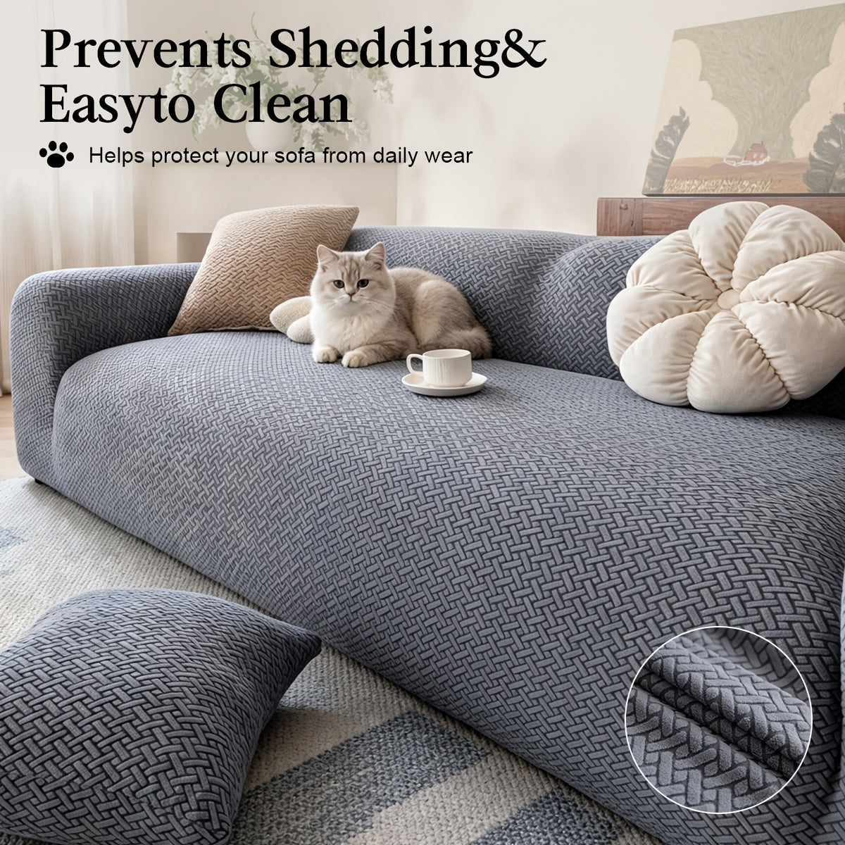 Housse de canapé extensible en polaire jacquard à carreaux, détail de la finition