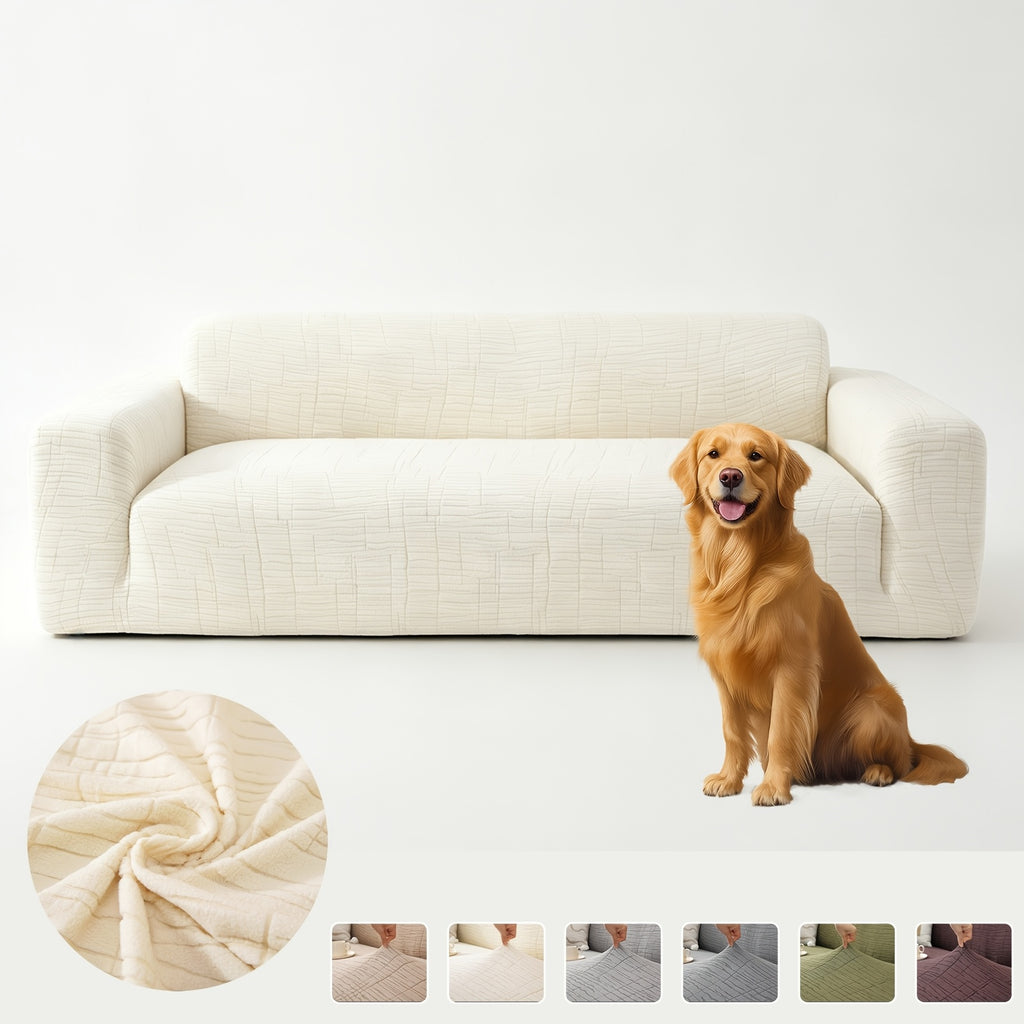 Housse de canapé extensible en polaire jacquard à motif géométrique, mise en situation