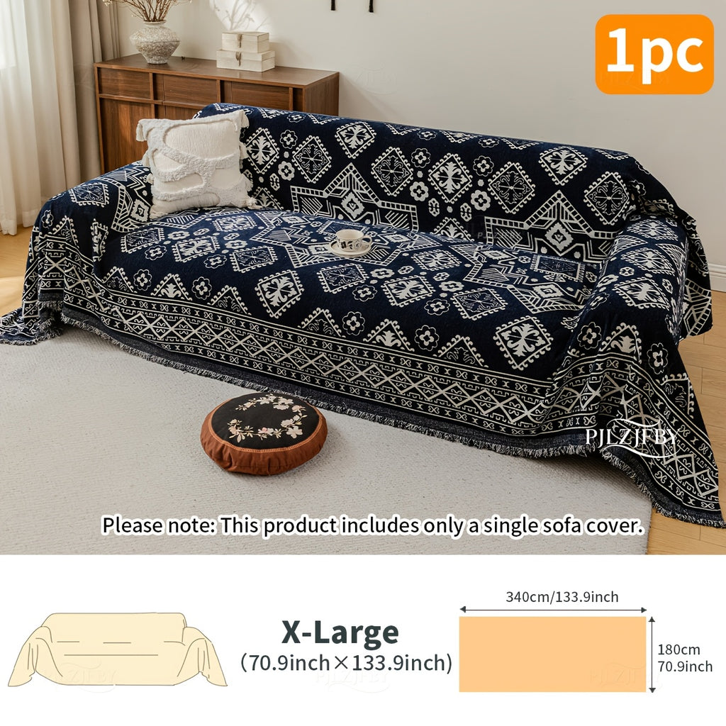 Housse de canapé en chenille en fils teints à motif bohème, mise en situation