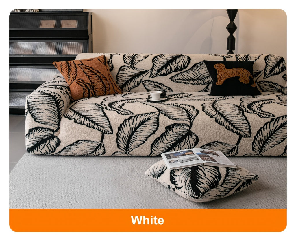 Housse de canapé extensible en velours jacquard à motif feuillage, mise en situation