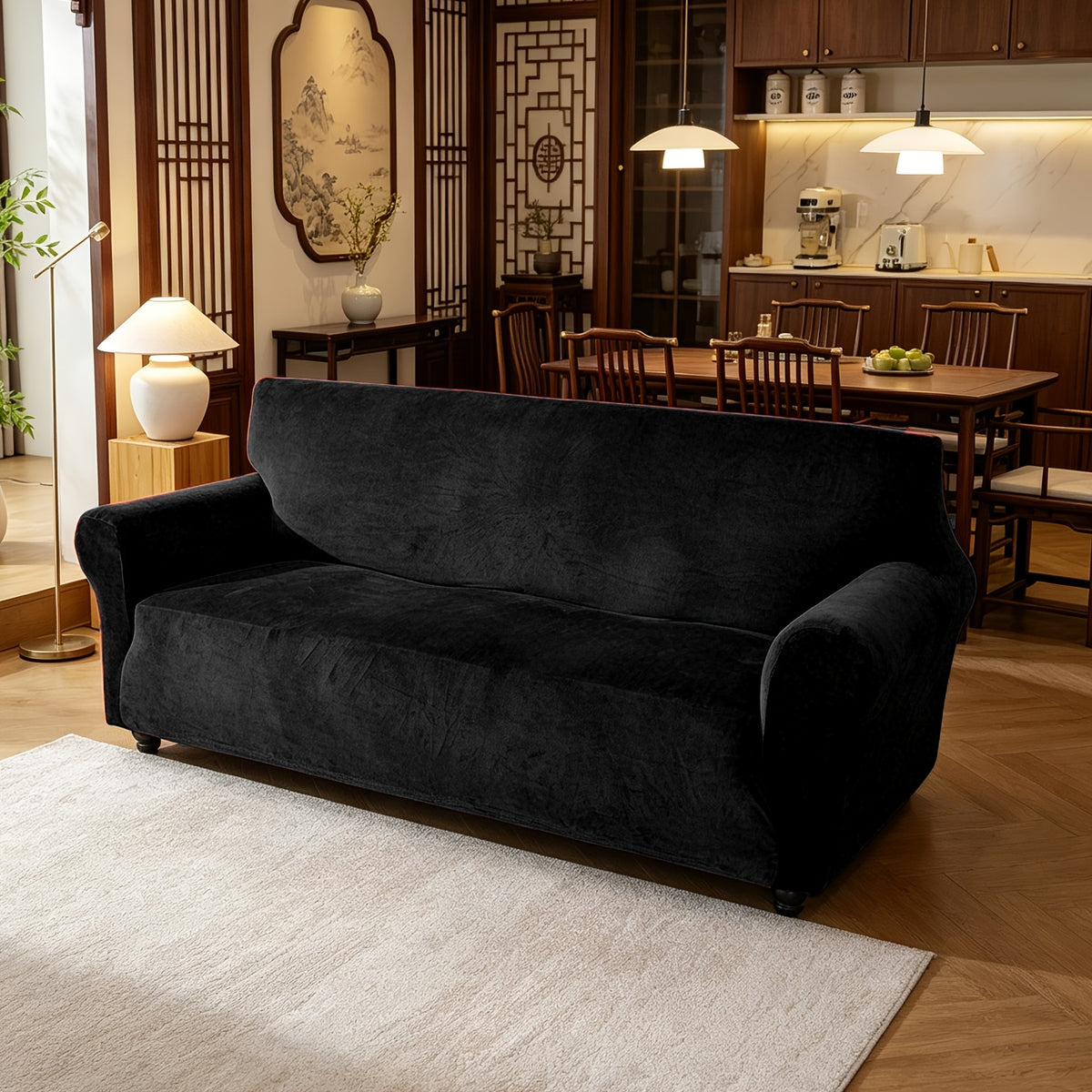 Housse de canapé extensible en velours, vue de dos