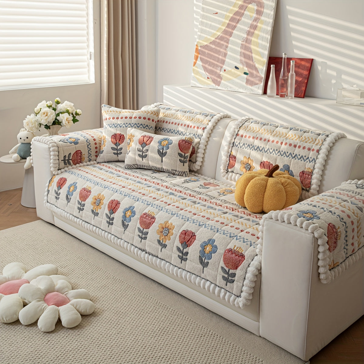 Housse de coussin en peluche à motif fleuri antidérapante, vue de dos