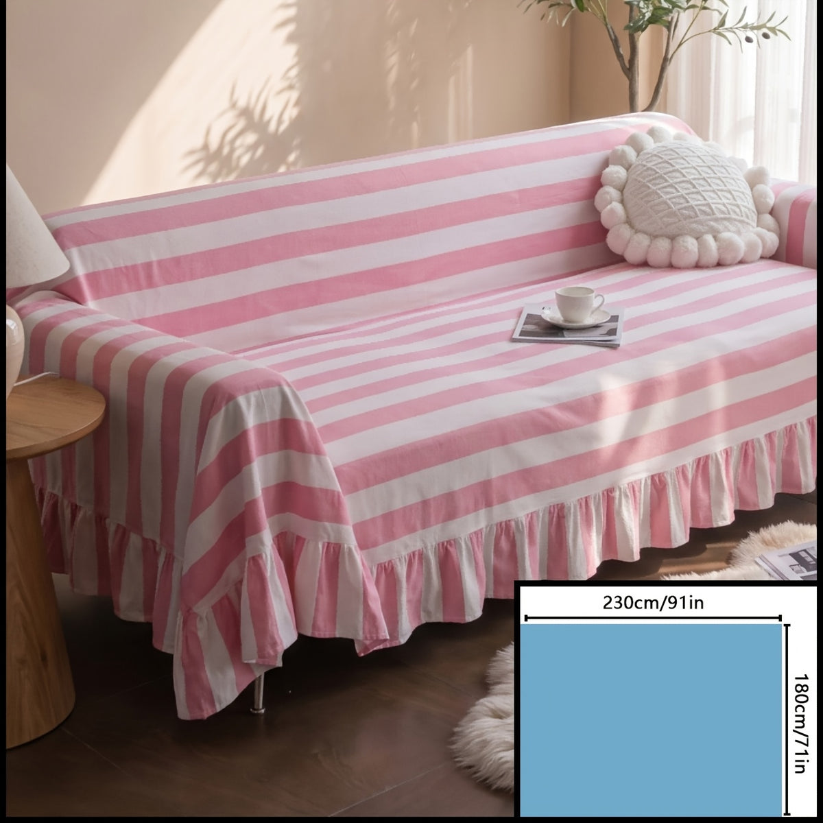 Housse de canapé en polyester en fils teints à rayures à volants, compatible fauteuil, canapé deux places, canapé trois places Image