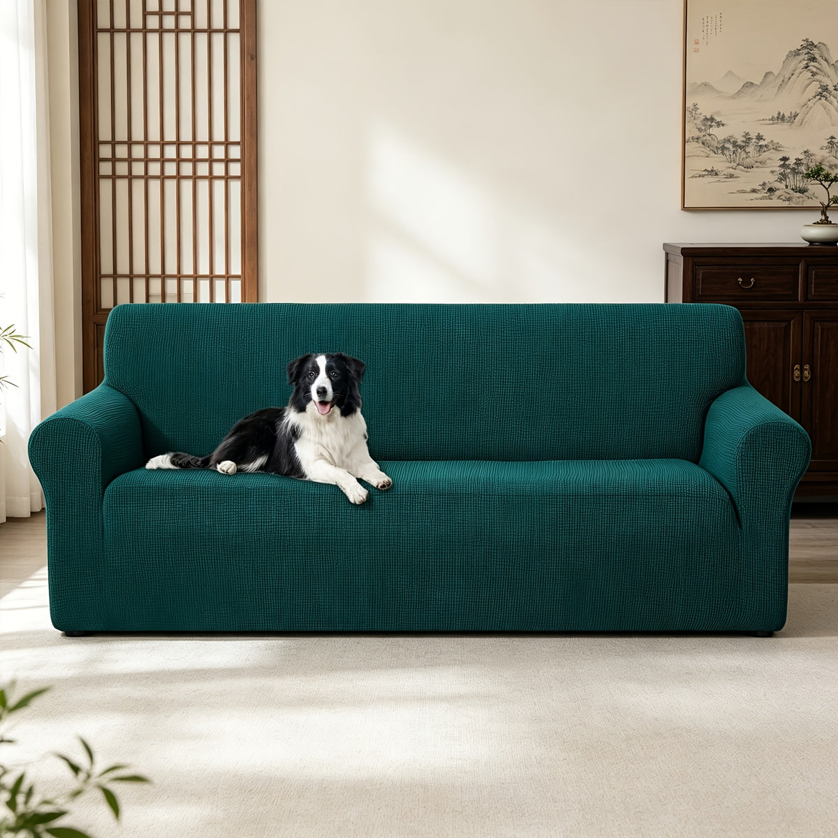 Housse de canapé extensible en polaire jacquard à rayures, gros plan sur le tissu