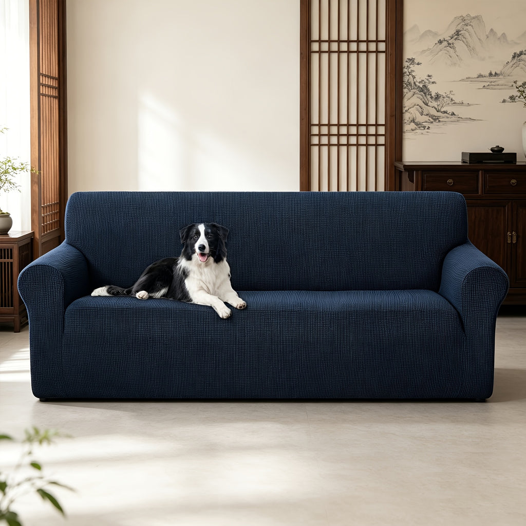 Housse de canapé extensible en polaire jacquard à rayures, mise en situation