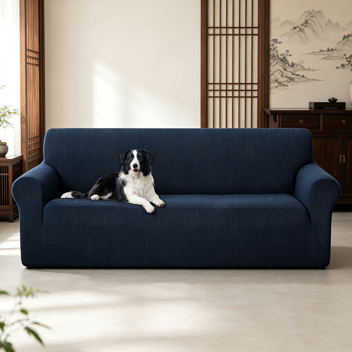 Housse de canapé extensible en polaire jacquard à rayures, mise en situation
