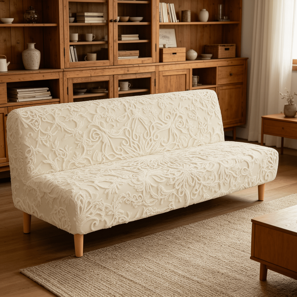 Housse de canapé extensible en fibre de lait imprimée à motif ethnique, vue de dos