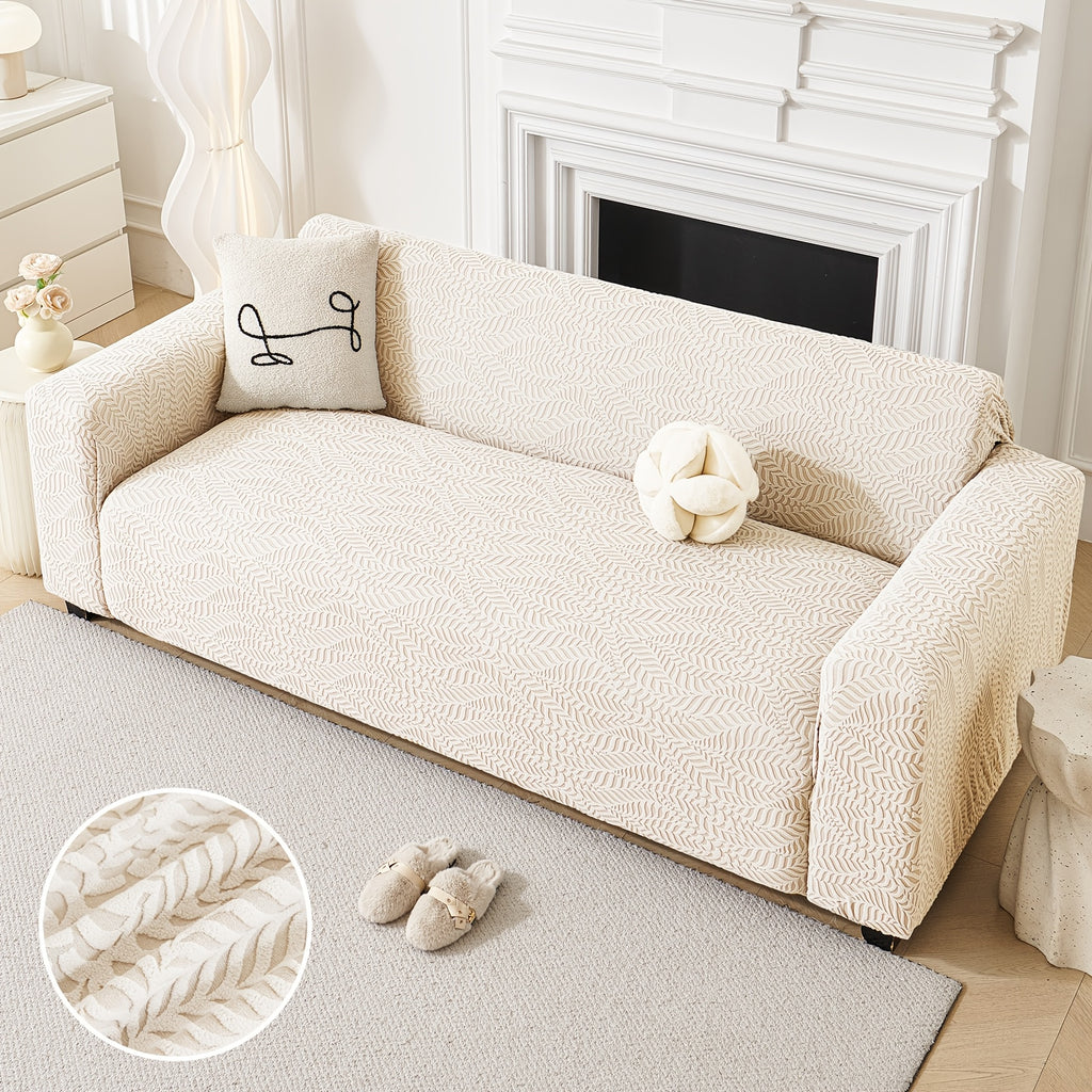 Housse de canapé extensible en polaire jacquard à motif feuillage, vue de dos