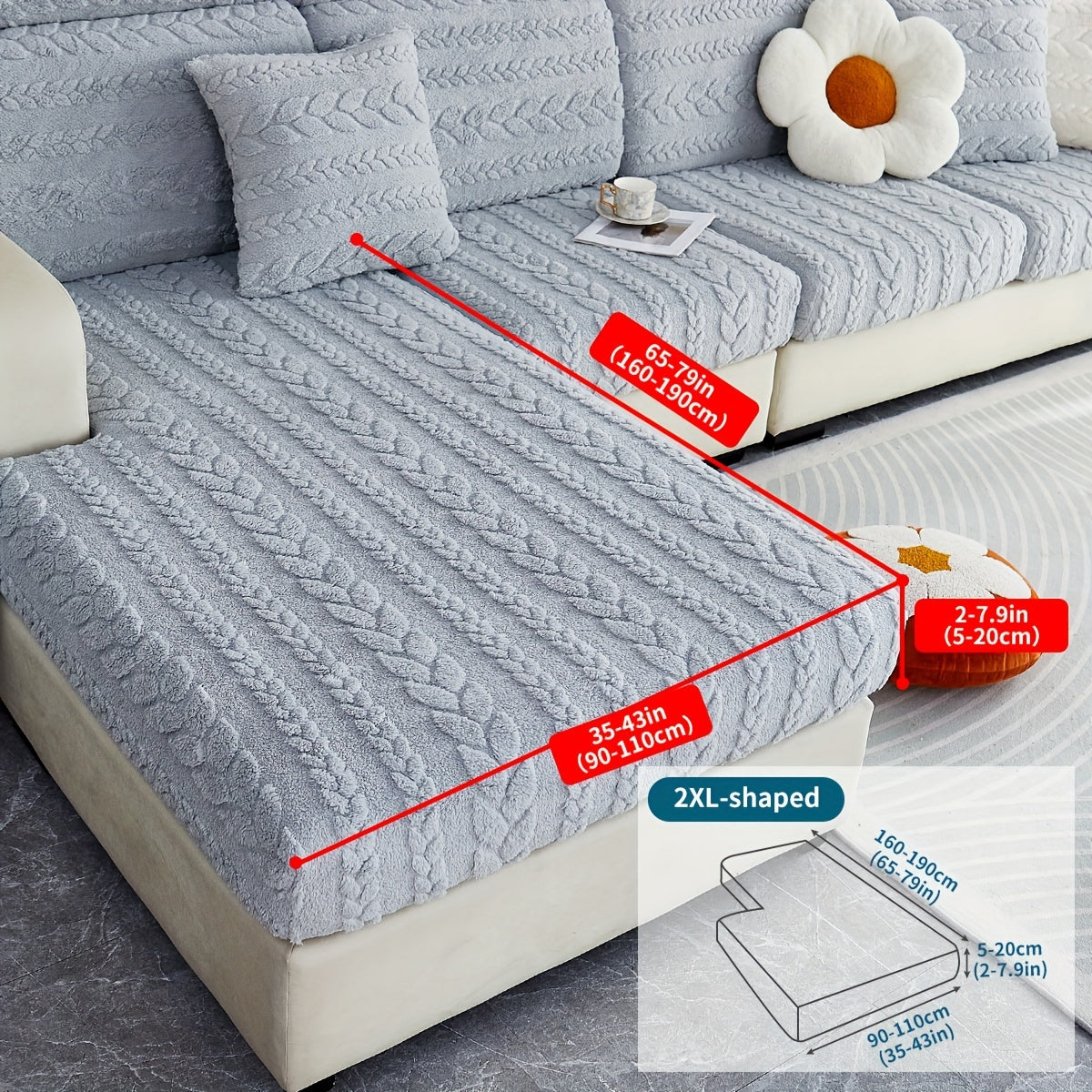 Housse de canapé épaisse extensible en velours jacquard antidérapante, détail de l'ourlet