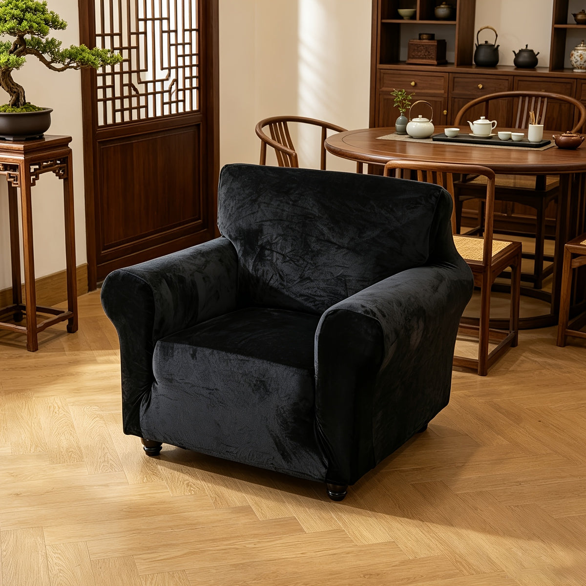 Housse de canapé extensible en velours, mise en situation