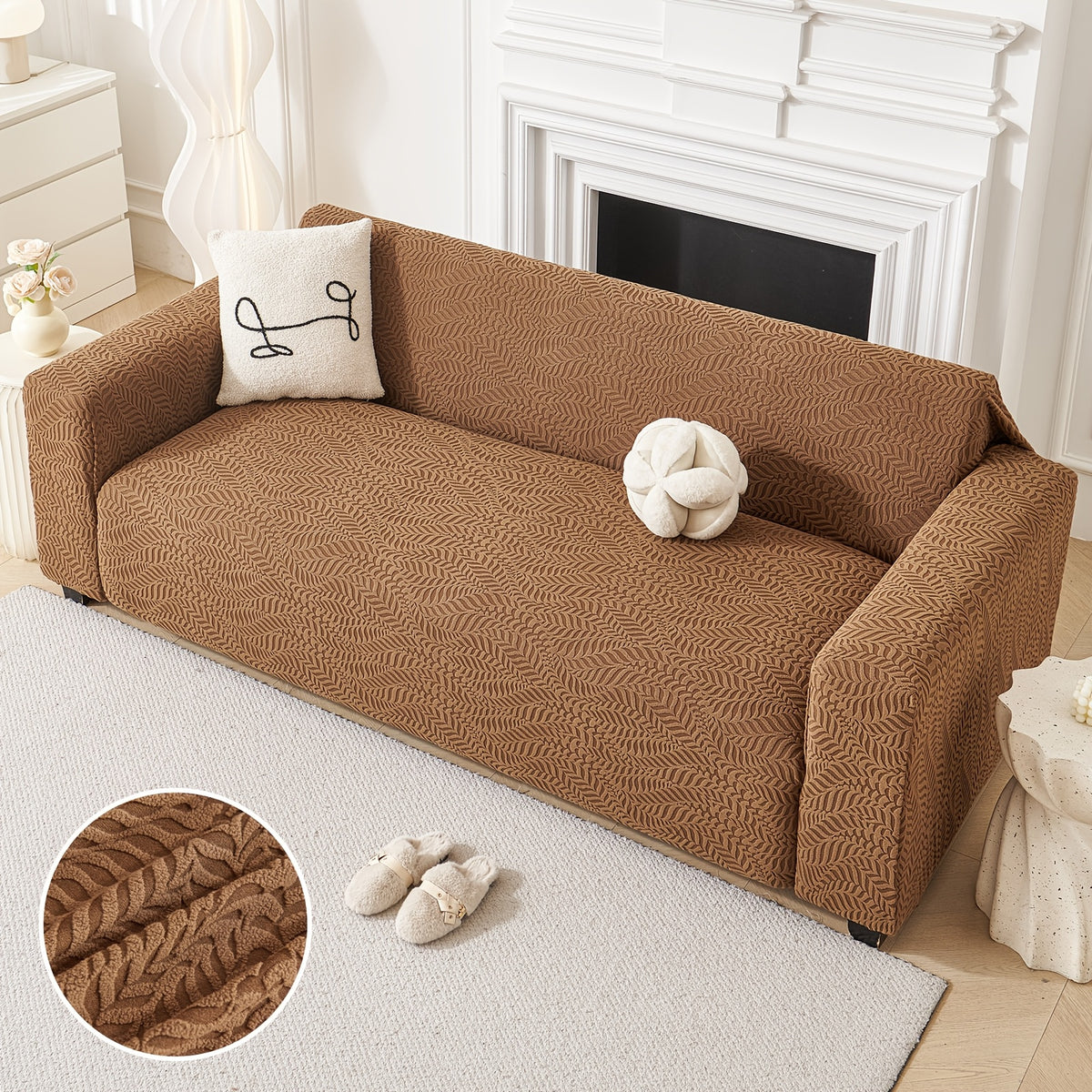Housse de canapé extensible en polaire jacquard à motif feuillage