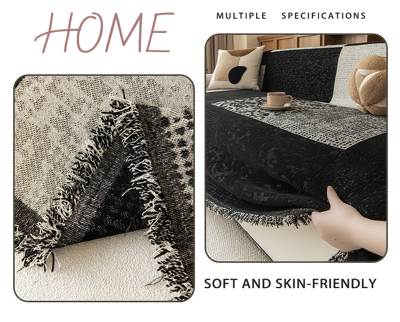 Housse de canapé en jacquard à rayures antidérapante d'esprit bohème, détail de la finition