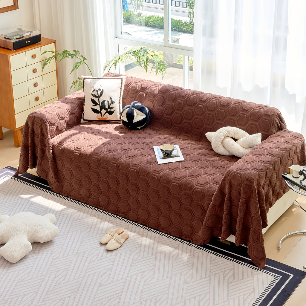 Housse de canapé épaisse en velours jacquard à motif géométrique, mise en situation