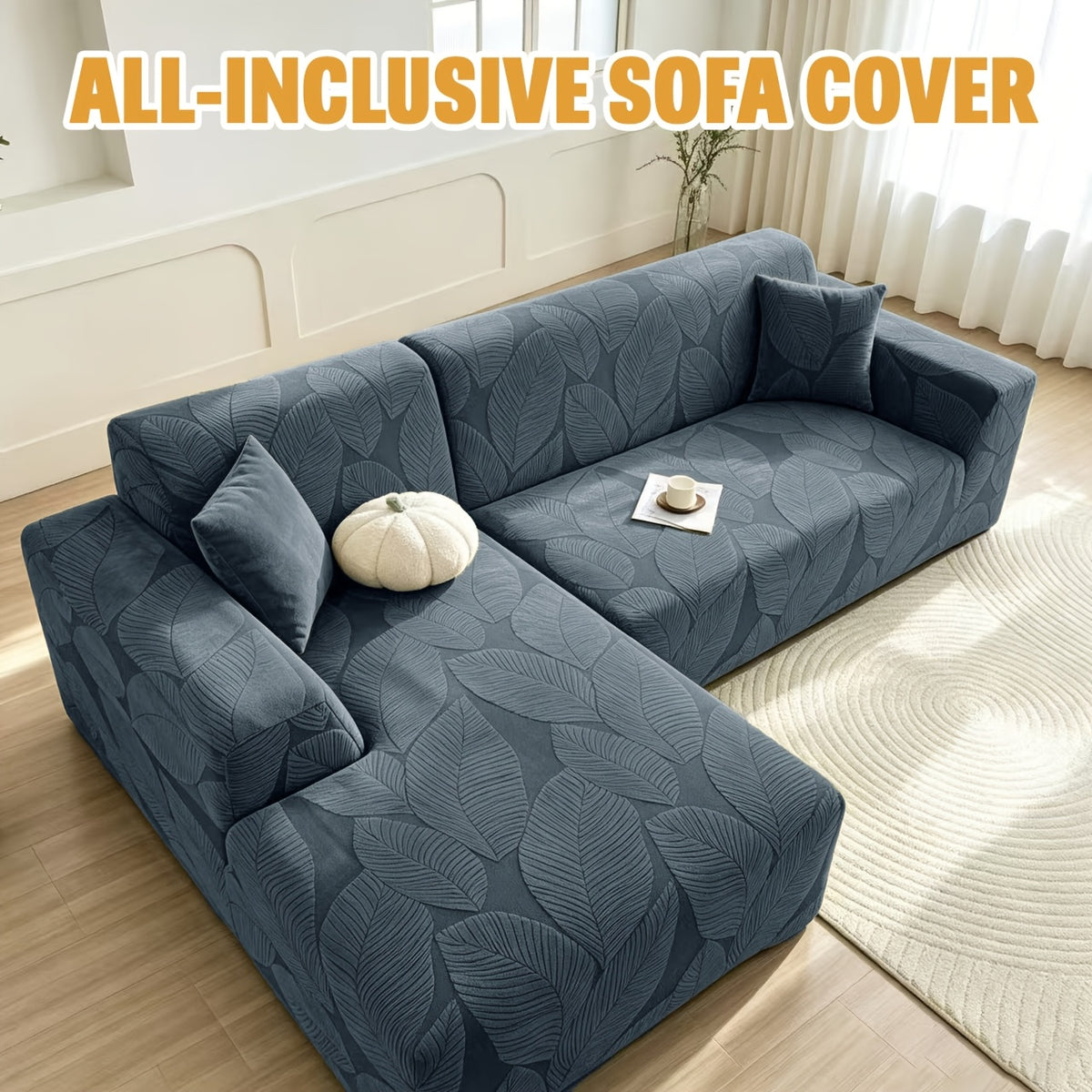 Housse de canapé extensible en polaire jacquard à motif feuillage au rendu, vue d'ensemble