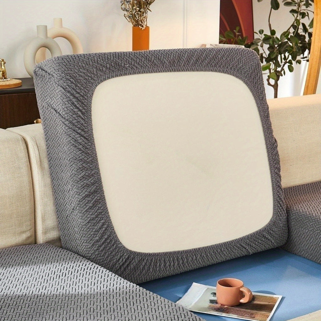 Housse de coussin extensible en polaire jacquard, détail de la finition