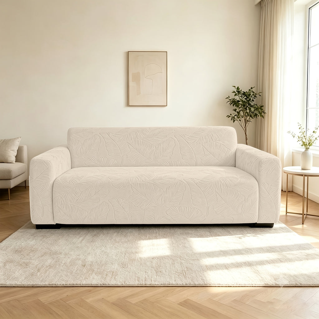 Housse de canapé extensible en polaire jacquard à motif feuillage, vue de dos