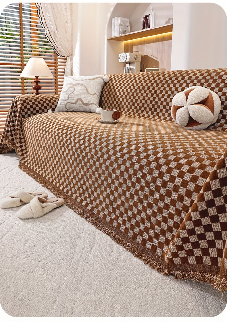 Housse de canapé en chenille d'esprit vintage, gros plan sur le tissu