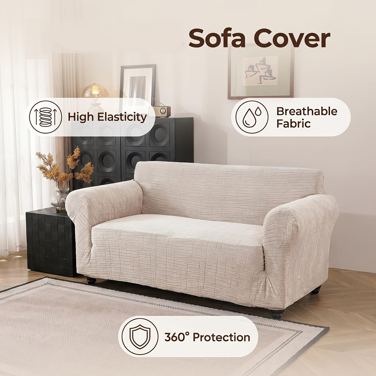 Housse de canapé épaisse extensible en polaire jacquard à rayures — détail de la matière : polaire