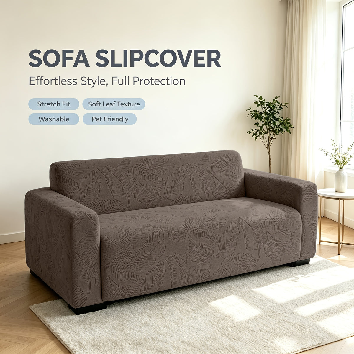 Housse de canapé extensible en polaire jacquard à motif feuillage, gros plan sur le tissu