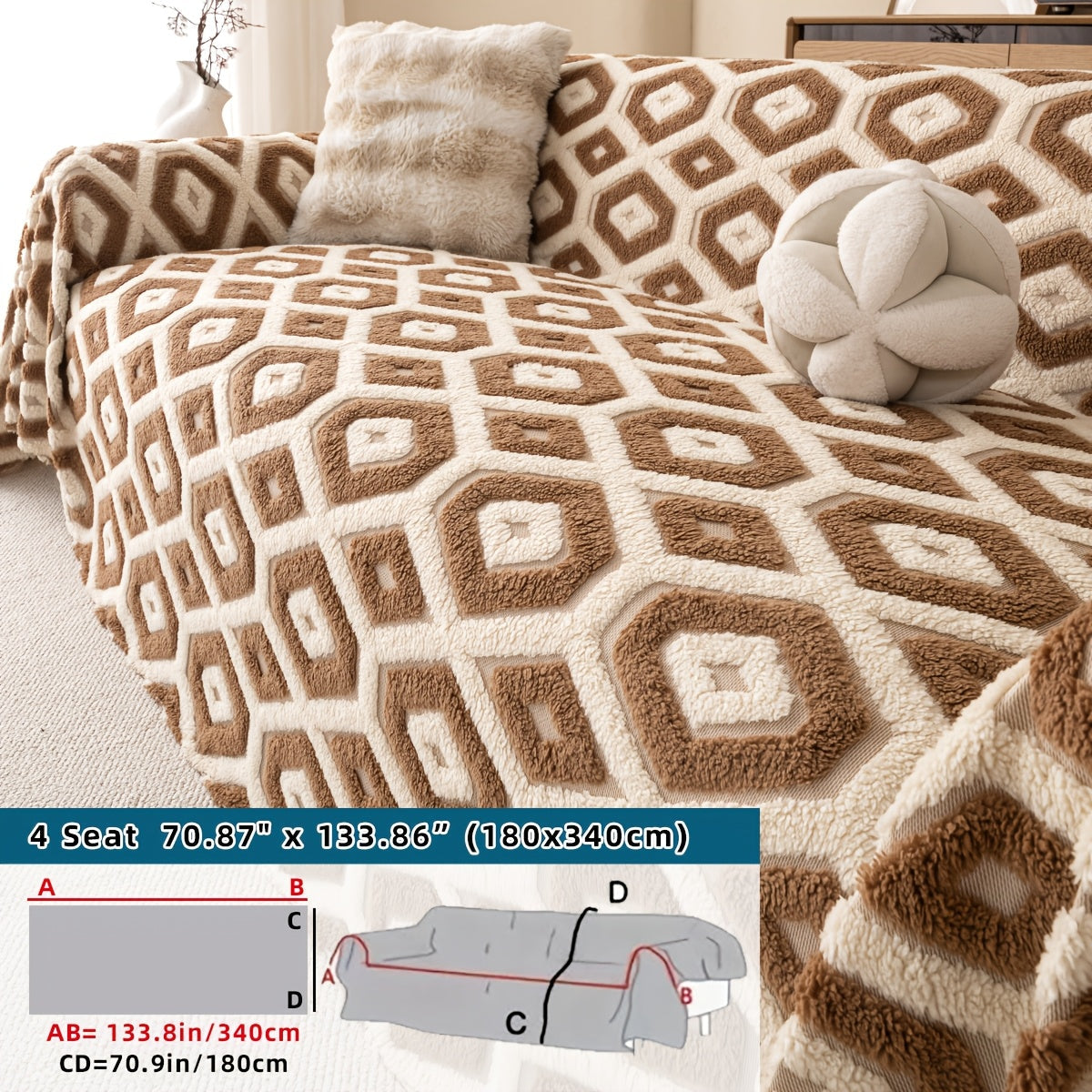 Housse de canapé en velours peluche à carreaux, mise en situation