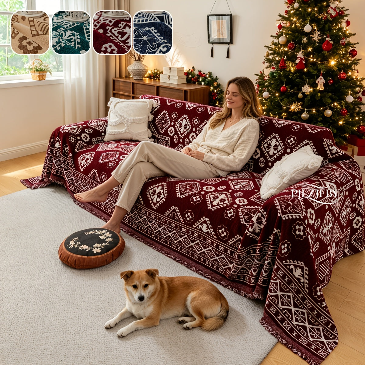 Housse de canapé en chenille en fils teints à motif bohème, gros plan sur le tissu
