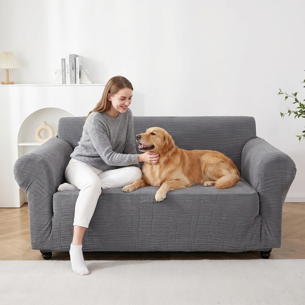 Housse de canapé épaisse extensible en polaire jacquard à rayures, gros plan sur le tissu