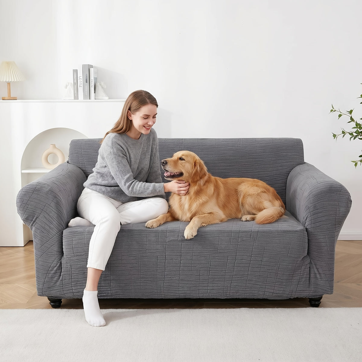 Housse de canapé épaisse extensible en polaire jacquard à rayures, gros plan sur le tissu