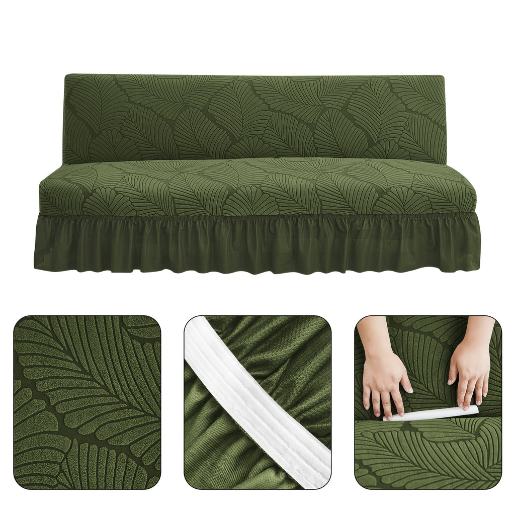 Housse de canapé extensible en jacquard à motif feuillage à volants, vue d'ensemble
