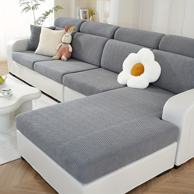 Housse de canapé épaisse extensible en polaire jacquard anti-griffes — détail de la matière : polaire