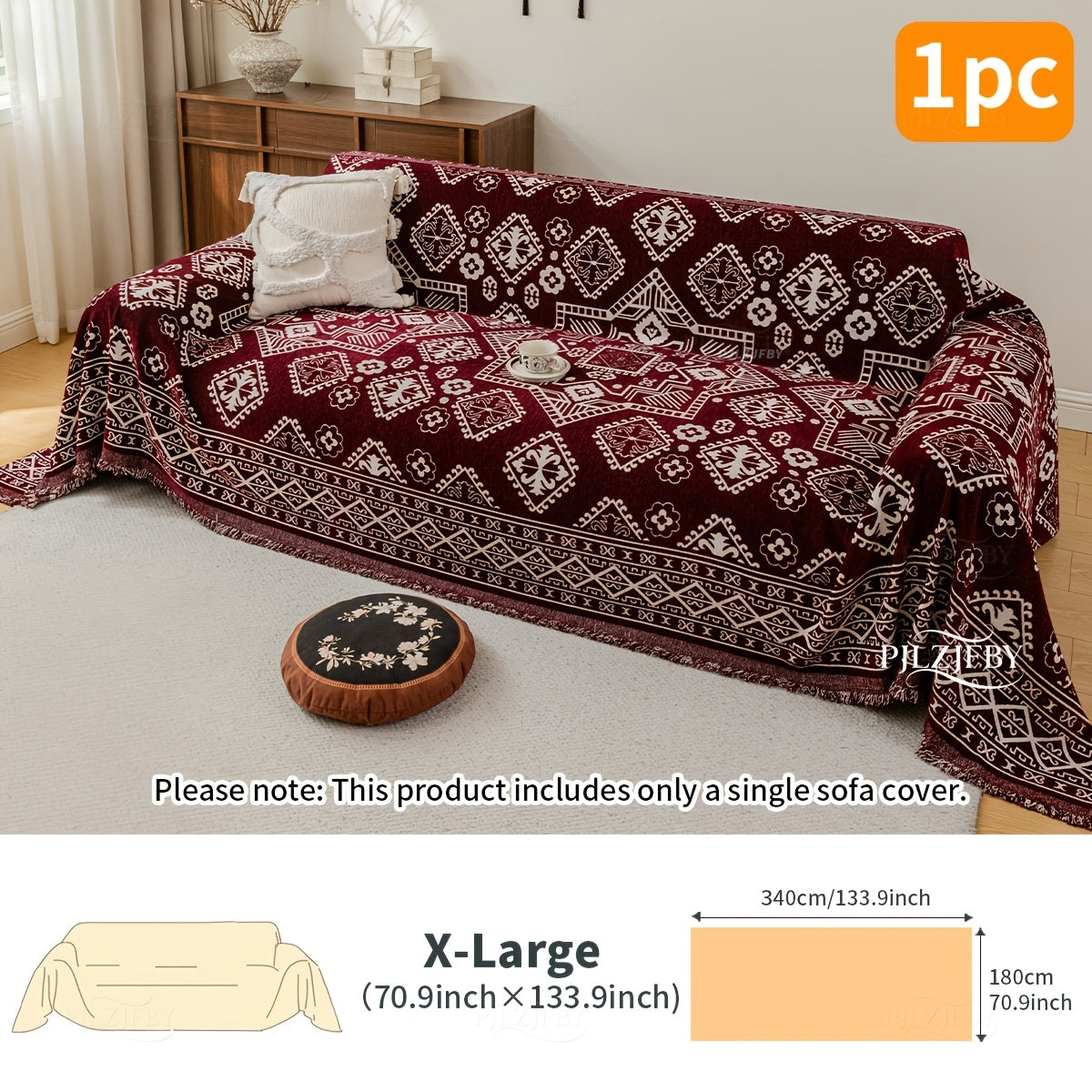 Housse de canapé en chenille en fils teints à motif bohème, vue d'ensemble