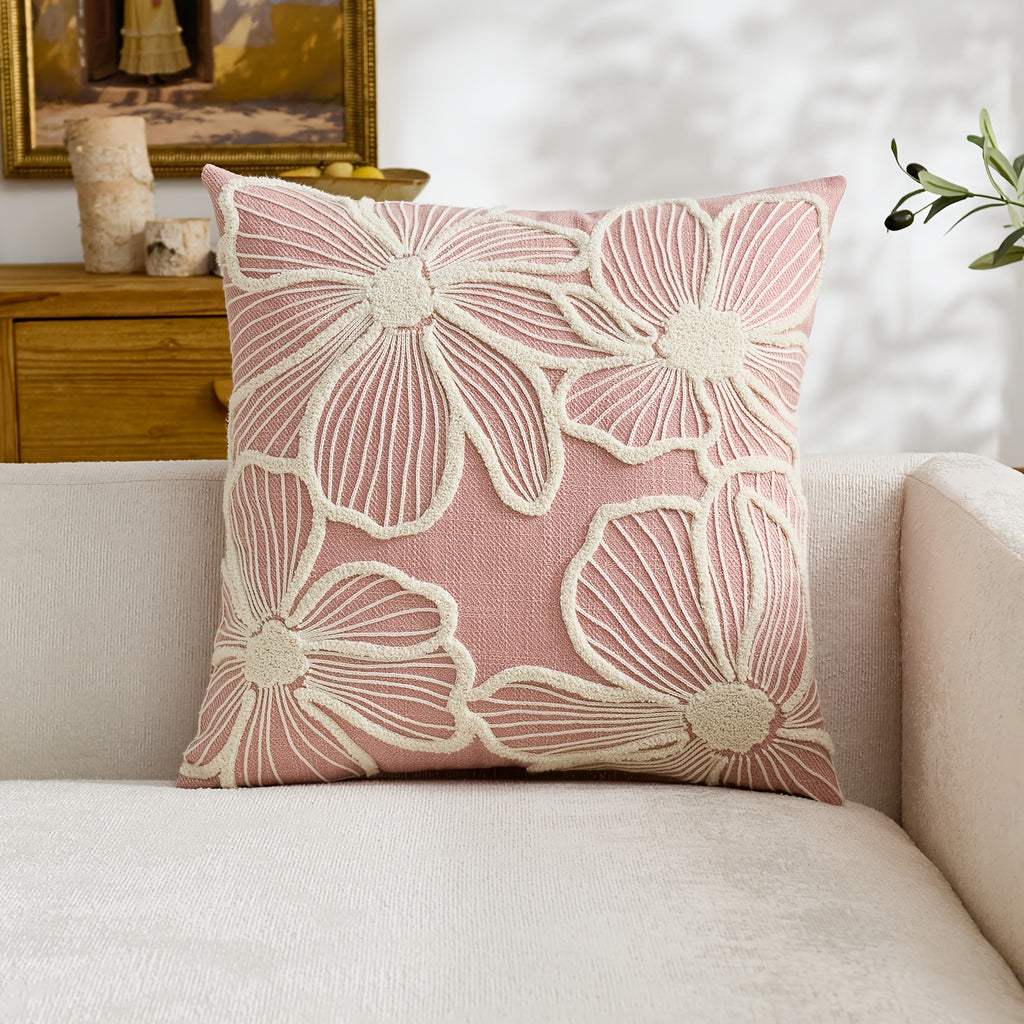 Housse de coussin en polyester à motif fleuri à fermeture éclair, détail de la finition