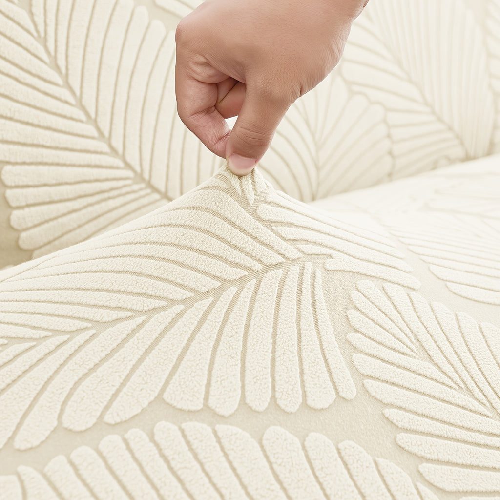 Housse de canapé extensible en jacquard à motif feuillage à volants, vue d'ensemble