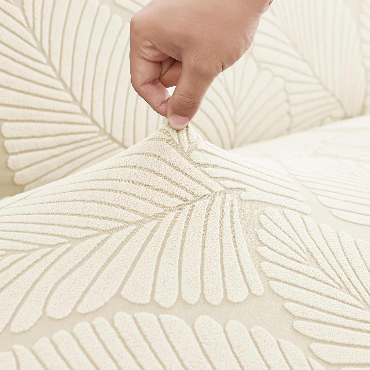 Housse de canapé extensible en jacquard à motif feuillage à volants, vue d'ensemble