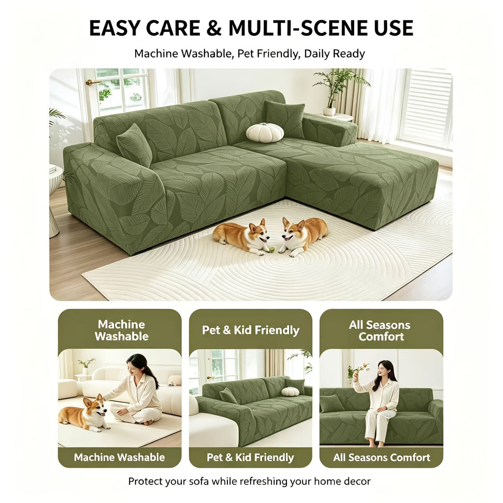 Housse de canapé extensible en polaire jacquard à motif feuillage au rendu, vue de dos