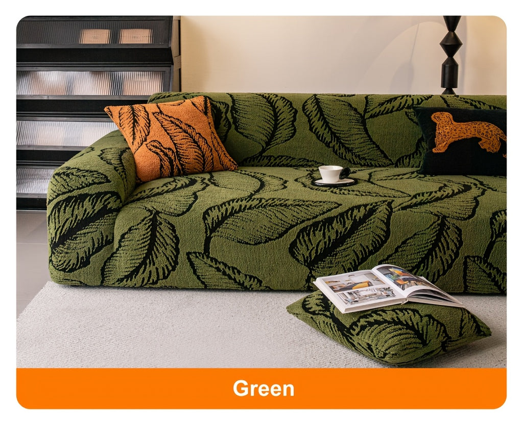 Housse de canapé extensible en peluche à motif feuillage, vue d'ensemble