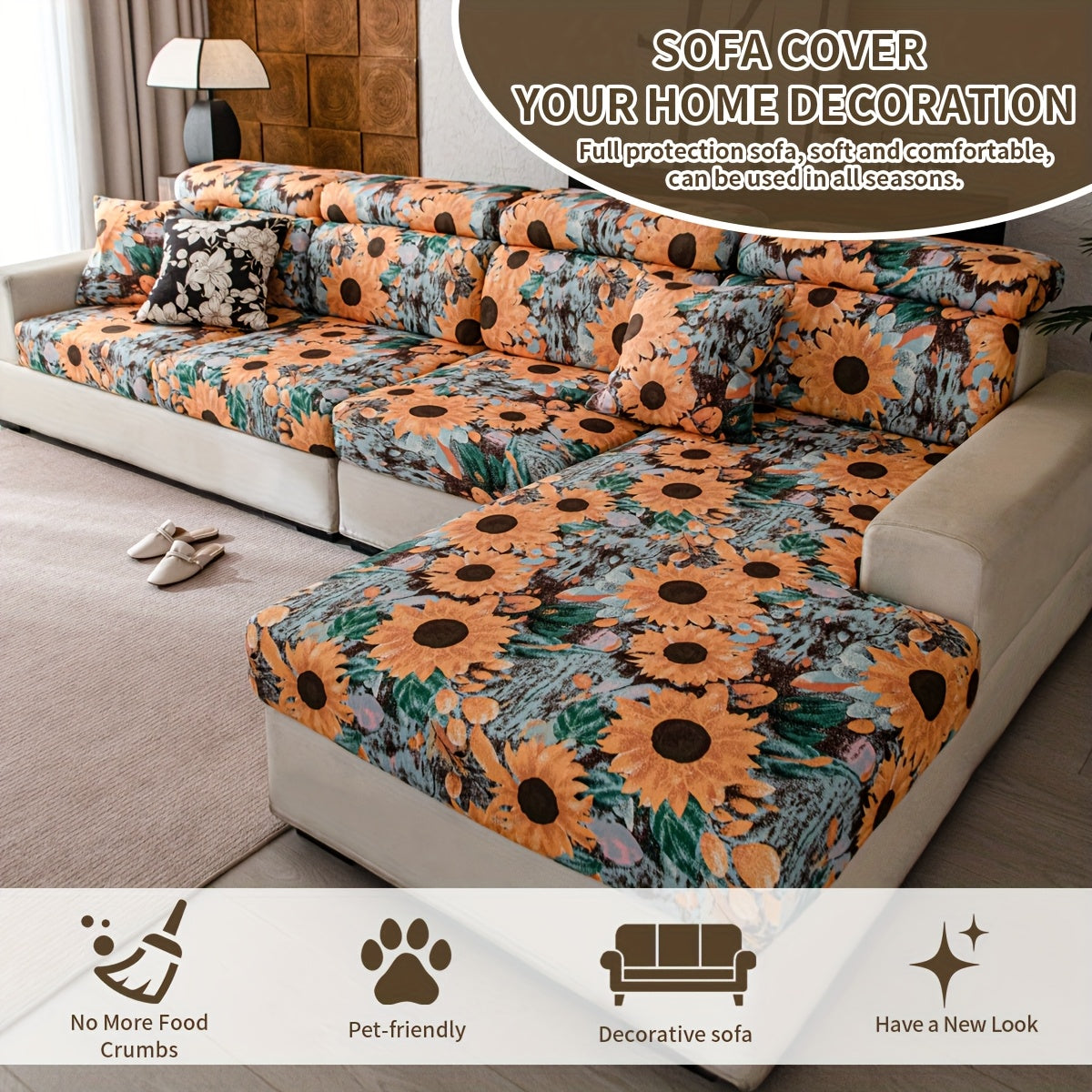 Housse de canapé extensible en polaire matelassée à motif tournesol, visuel produit